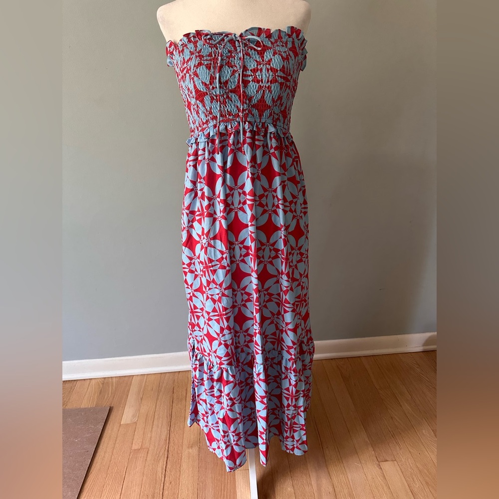 Petal & Pup size S smocked strapless red and blue geometric print sundress